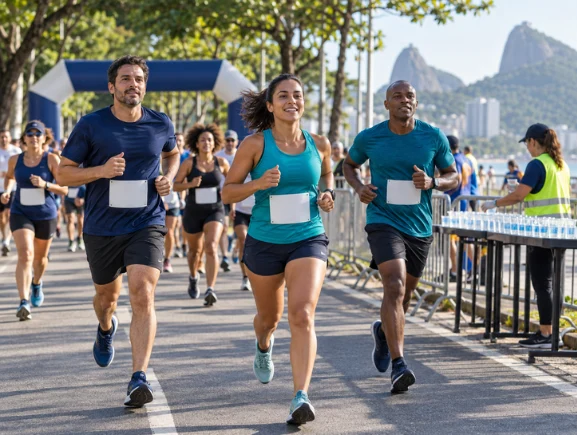 Corrida de rua organizada e segura: atletas com número de peito, pórtico de largada, ponto de hidratação e equipe de apoio ao fundo